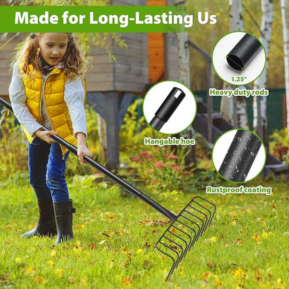 Garden Rake, Heavy Duty Rake with 11 Tines, 51 Inch Handle, 16 Inch Wide, Metal Garden Thatch Leaf Rakes for Raking Gathering Mulch,Metal Thatch Rakes for Lawn Yard Bushes Pine Needles Leaves Grass