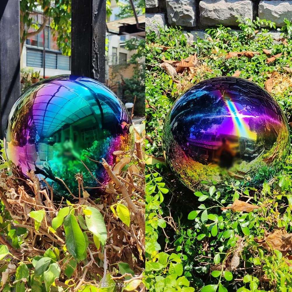 8 inch Diameter Gazing Ball,Rainbow Stainless Steel Polished Reflective Smooth Garden Sphere Globe Mirror,Colorful and Shiny Addition to Any Garden or Home