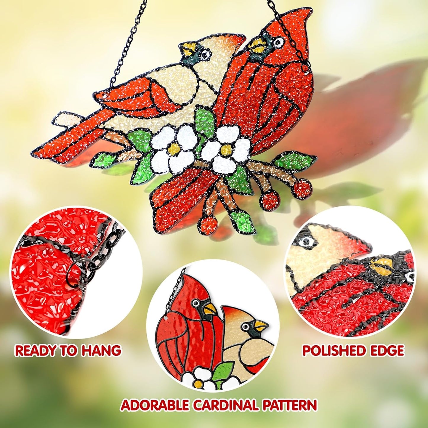 Tuitessine Cardinal Glass Suncatcher Red Bird Stained Glass Sun Catcher Cardinal Glass Wall Window Hanging Ornament Hand-Painted Glass Panel Decor Christmas for Mom Grandma Birds Lover 7.9×7.6”