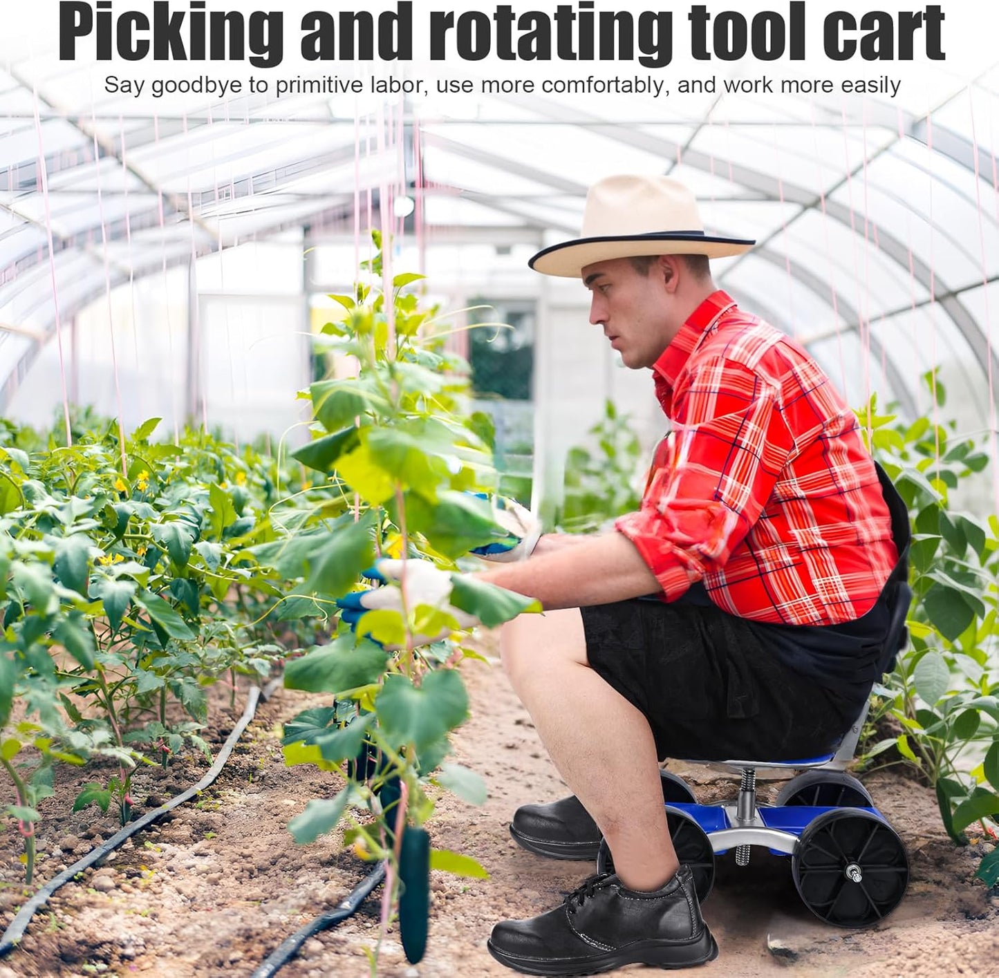 Rolling Garden Cart with Seat, Adjustable 360° Swivel Garden Stool with Wheels, Outdoor Lawn Yard Rolling Work Seat, Patio Scooter on Wheels for Lawn Yard Planting (Blue)