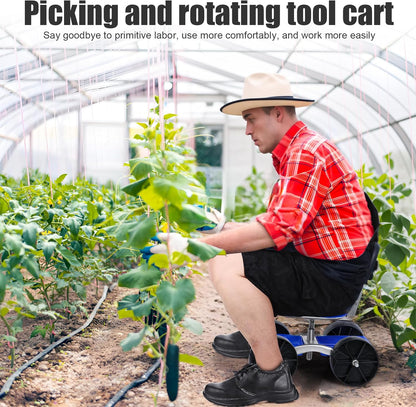 Rolling Garden Cart with Seat, Adjustable 360° Swivel Garden Stool with Wheels, Outdoor Lawn Yard Rolling Work Seat, Patio Scooter on Wheels for Lawn Yard Planting (Blue)