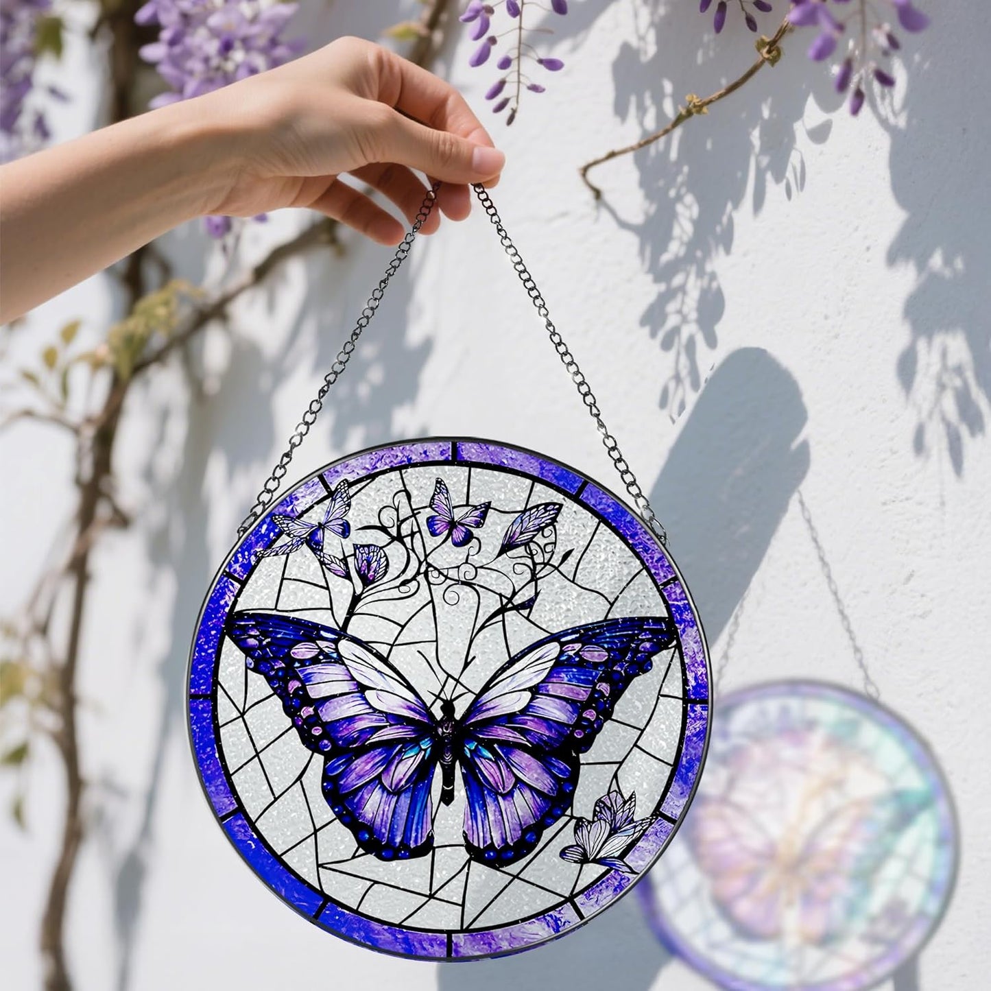 Stained Glass Window Hanging, 8 Inch Purple Butterfly Stained Glass Suncatcher, Butterfly Light Catcher, Window Hanging Decor, Gifts for Mother's Day, Christmas, Birthday, Gifts for Women Mom Grandma