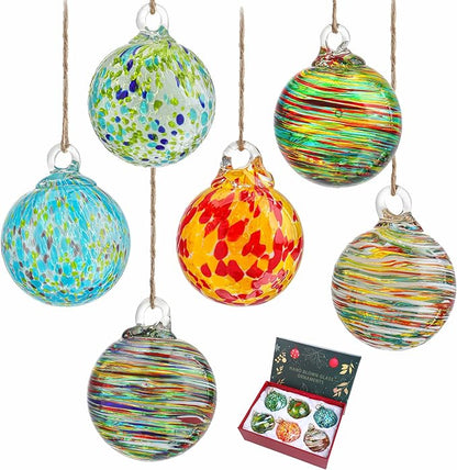 Set of 6 Hand Blown Glass Christmas Ornaments Hanging Gazing Ball Witches Ball Christmas Decor for Garden Patio Window Xmas Tree