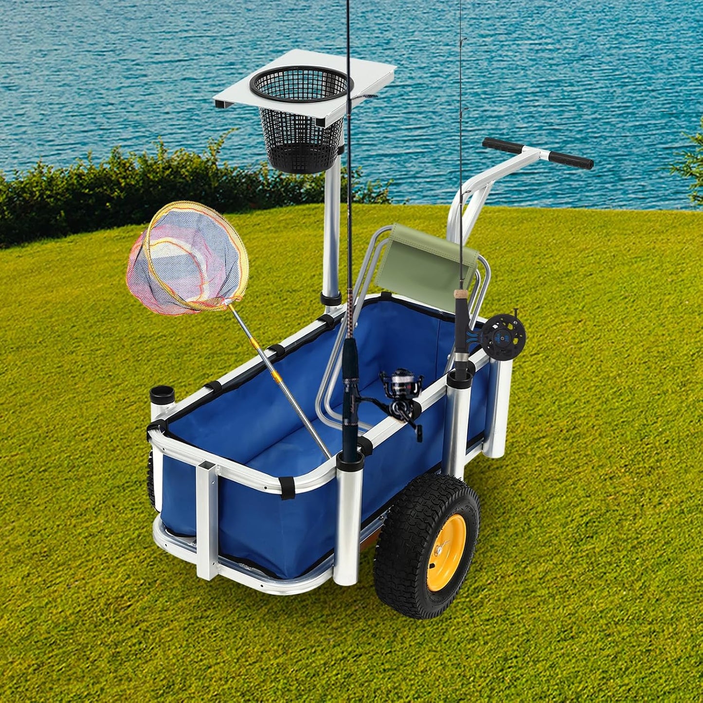 Outdoor Fishing Cart, Aluminum Frame and Trolley Folding Garden Beach Cart Outdoor Camper with 4 Holes and Wheels Capacity 176.4 lbs (Silver and Blue)