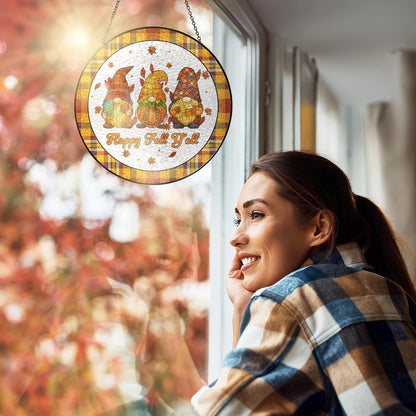 FLAGWIX Fall Decorations for Home - Happy Fall Y'all Stained Glass Window Hanging 8 in - Fall Gifts for Women Men, Gnomes Sun Catchers Indoor Window Garden Decor, Thanksgiving Decorations Sun Catcher