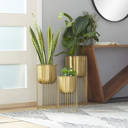 Deco 79 Metal Deep Recessed Dome Planter, Set of 3 24", 20", 16" H, Gold & CosmoLiving by Cosmopolitan Metal Indoor Outdoor Dome Planter with Removable Stand, Set of 2 19", 22" H, Gold