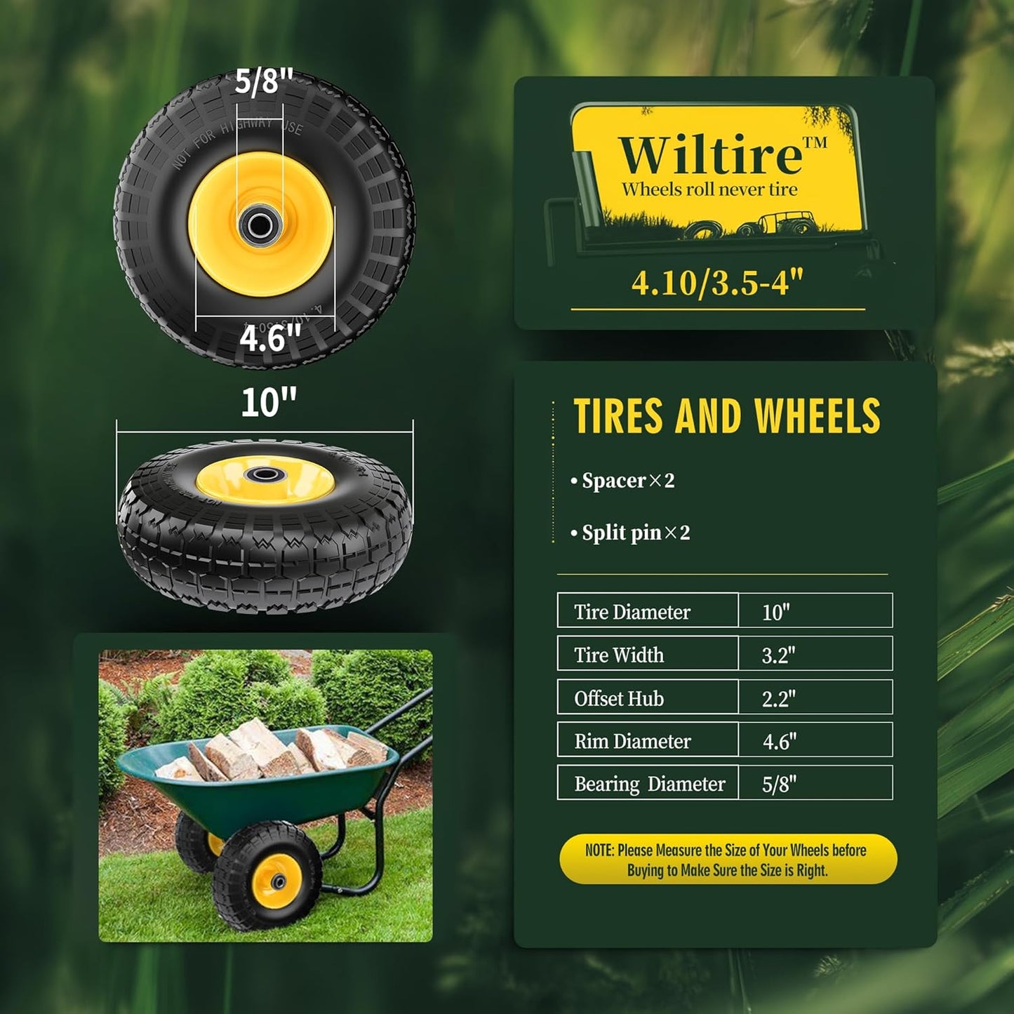 (2 Pack) 4.10/3.50-4 Flat Free Tire and Wheel 10-Inch Solid Wheel Replacement with 5/8 Bearings,2.2" Offset Hub -Compatible with Hand Truck,Wheelbarrow(Yellow)