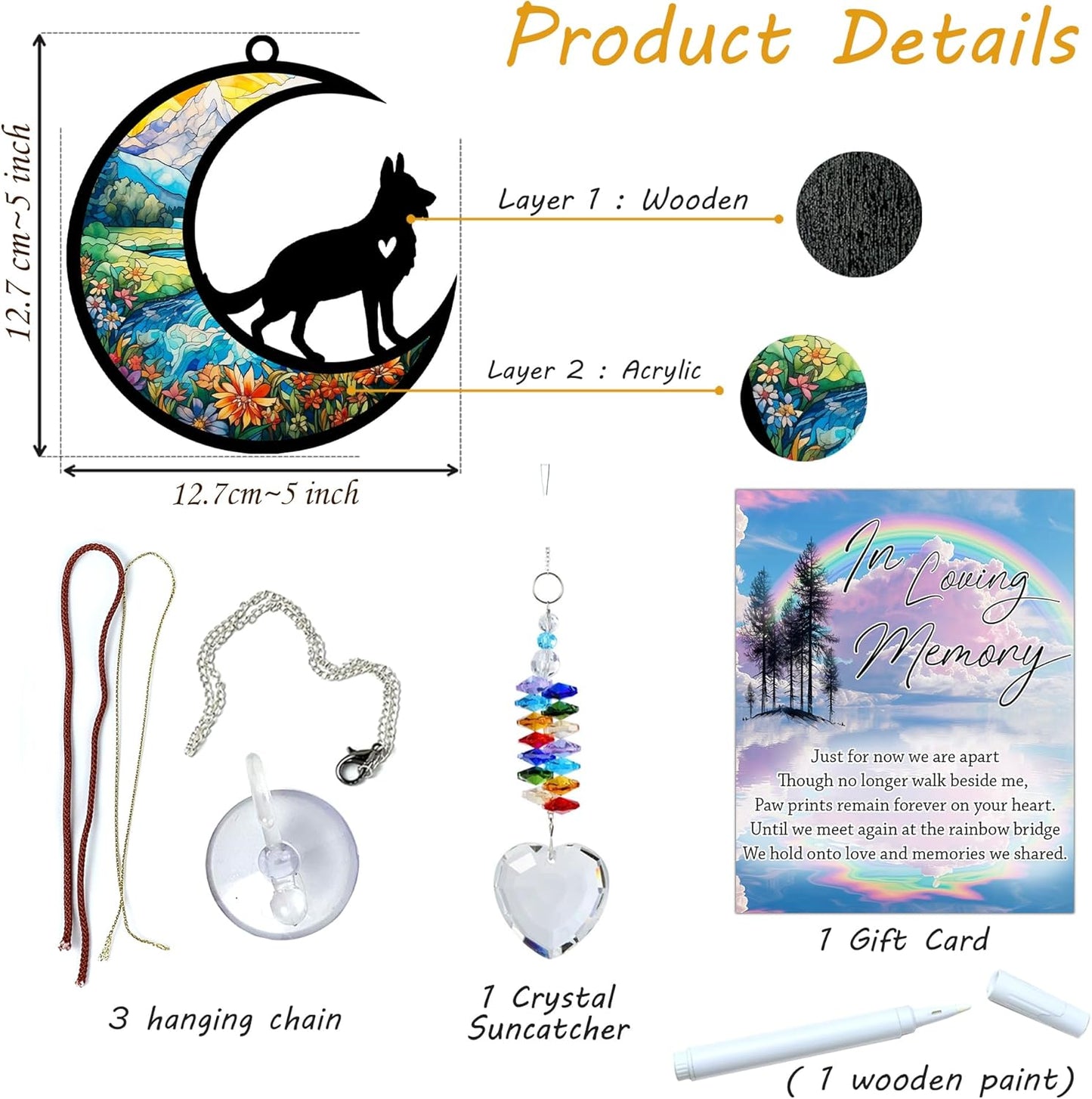 German Shepherd Suncatcher, Personalized Pet Loss Gift with Name & Date, Heart-Shaped Crystal Sun Catcher, Dog Remembrance Sympathy Rainbow Maker for Window & Garden