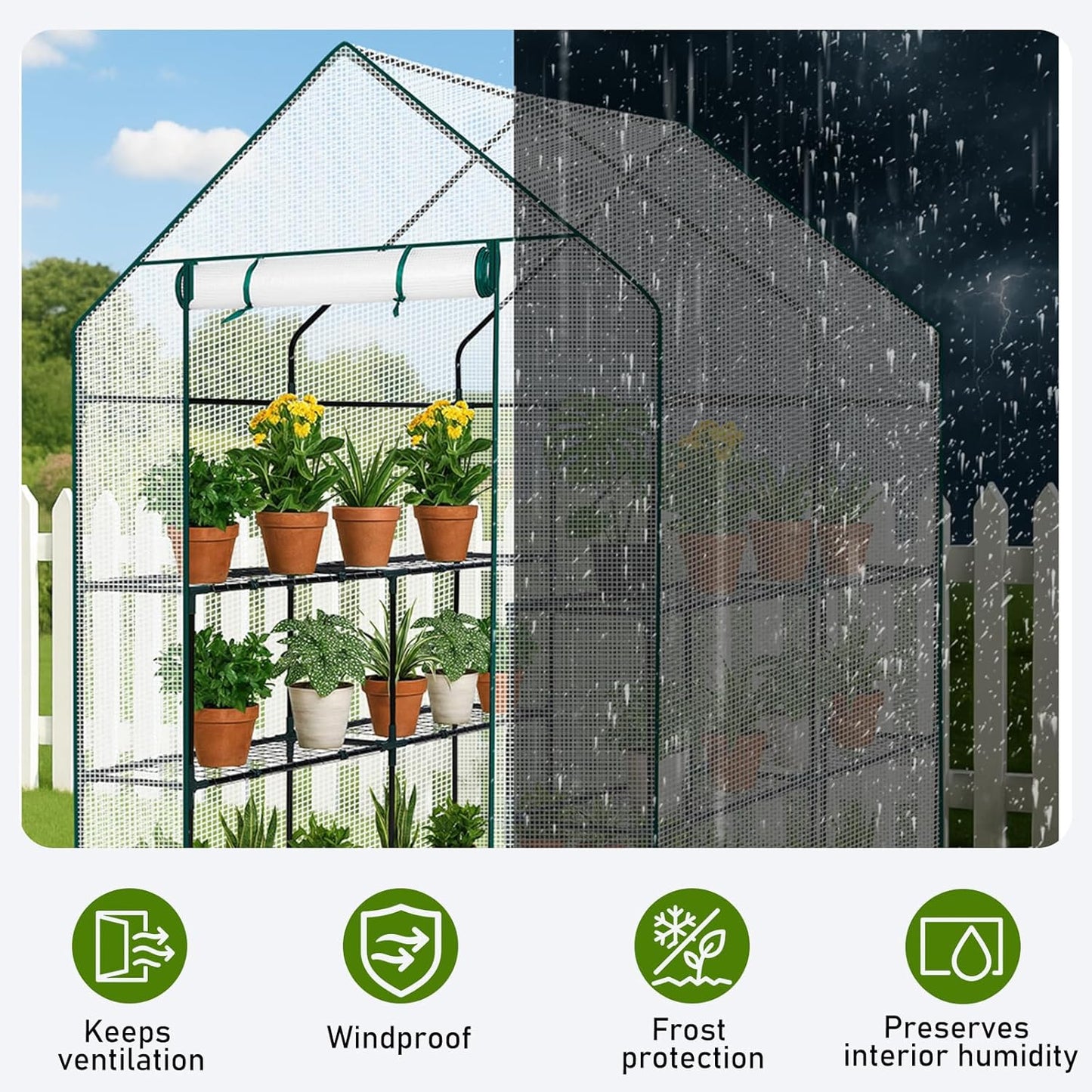Outvita Walk-in Greenhouse, Outdoor Durable PE Plant Green House for Frost Protection with 3 Tiers 8 Shelves, Shelf Clips, Roll-up Zipper Door, 56"x56"x77" White