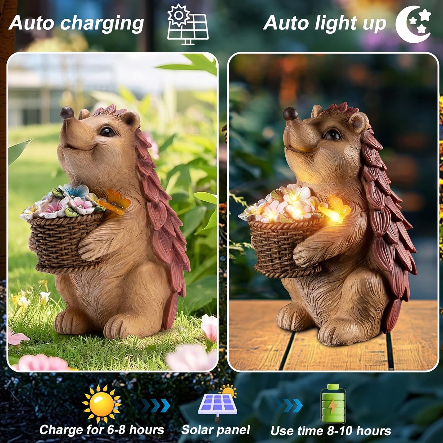 Frog Garden Statue with Solar Lantern (Hedgehog)