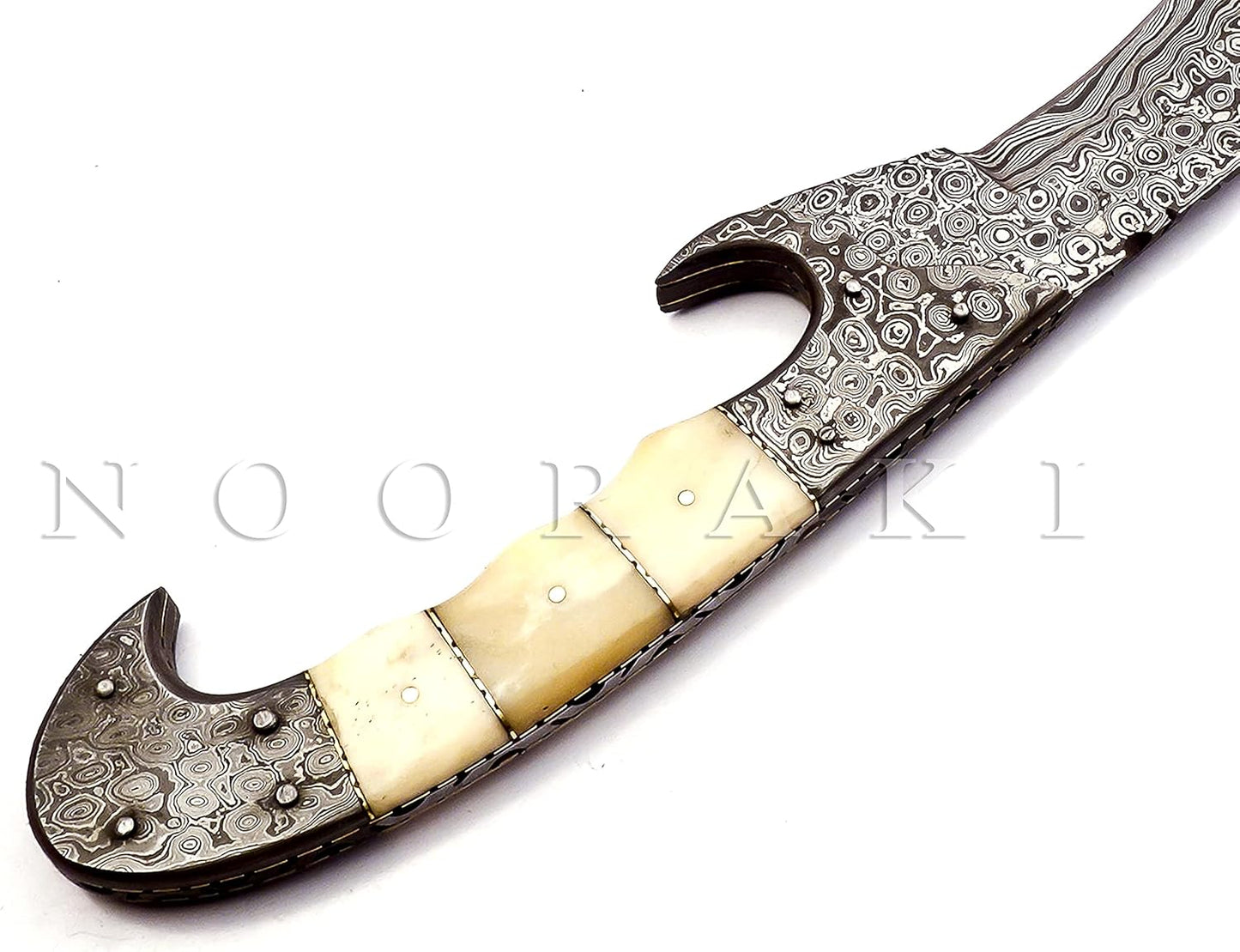 Nooraki MK-2007 Handmade Damascus Steel Fixed Blade Machete/Kukri Knife with Leather Sheath, Full Tang Multipurpose Knife with Camel Bone Handle for Hunting, Hiking, Camping, Survival, 18" Length