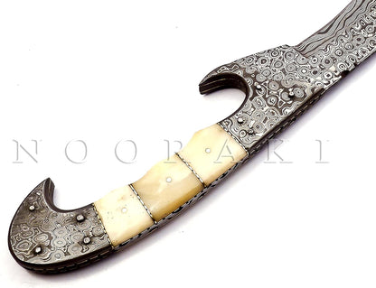 Nooraki MK-2007 Handmade Damascus Steel Fixed Blade Machete/Kukri Knife with Leather Sheath, Full Tang Multipurpose Knife with Camel Bone Handle for Hunting, Hiking, Camping, Survival, 18" Length