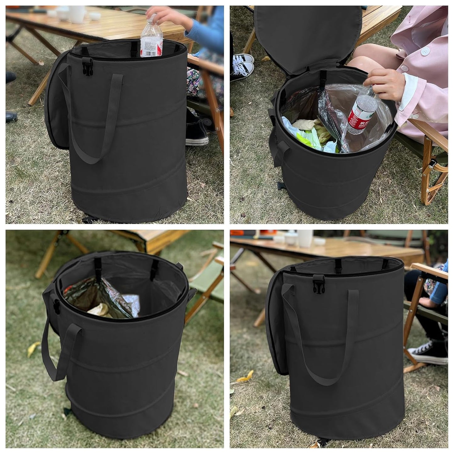 Pop up Camping Trash can with lid,Collapsible 24 Gallons Trash can with Sorting Clips,Garden Garbage Bag with Lid,Lawn and Leaf Bags - Reusable Yard Waste Bags (Black)
