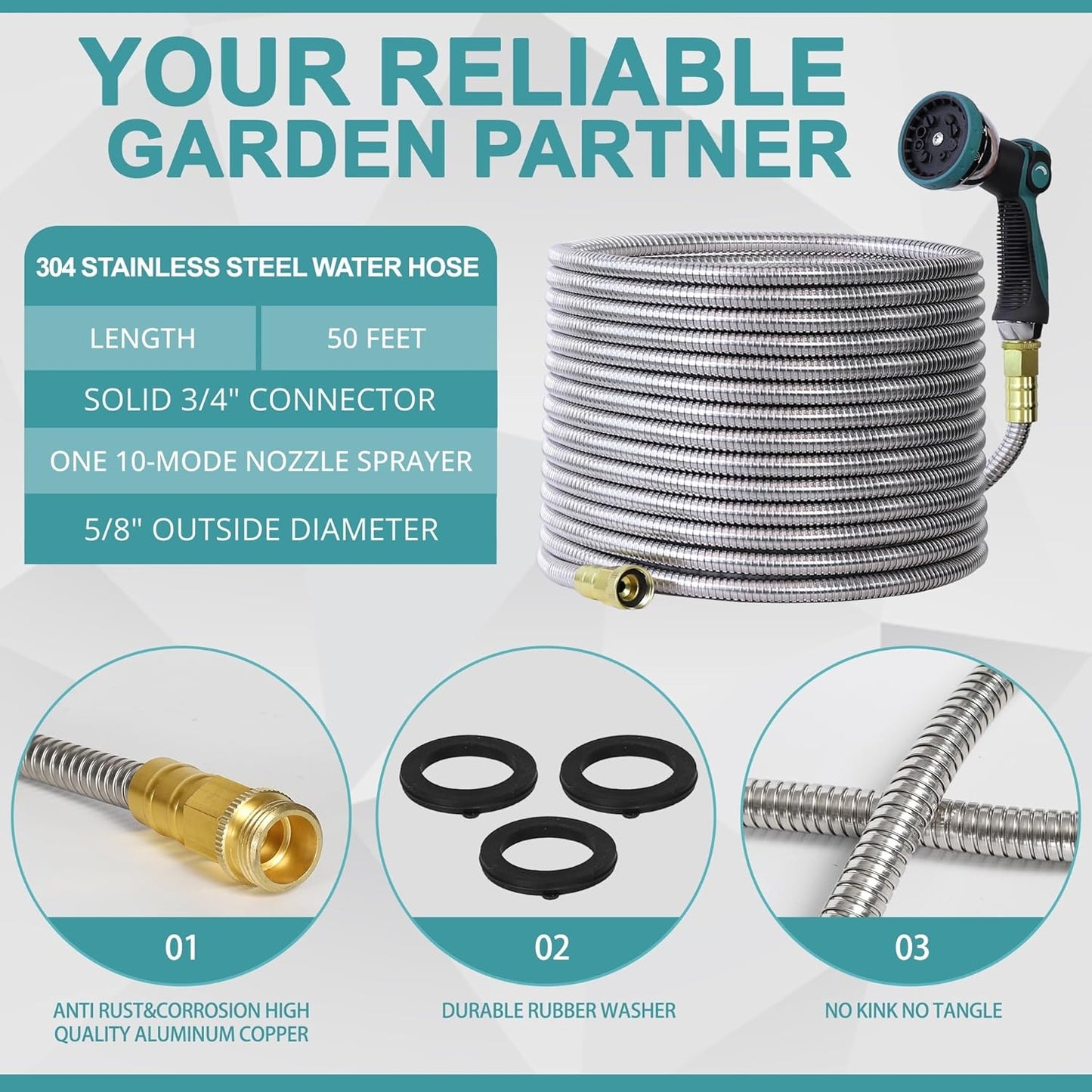 50FT Garden Hose, 304 Stainless Steel Water Hose, Flexible with a 10-Mode Nozzle Sprayer, No Kink, Lightweight, Puncture Proof, Ideal for Yard, Lawn, Outdoor, 5/8" Outside Diameter