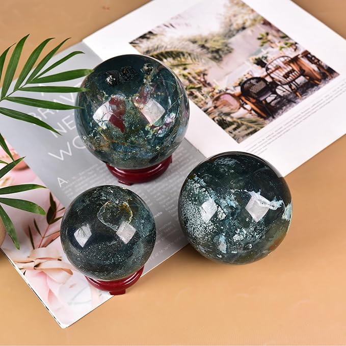 JIC Gem Natural Ocean Jasper Crystal Sphere with Wooden Stand Decorative Crystal Ball Healing Gemstone Sphere for Meditation,Feng Shui,Witch-Style Decor,Table 80-90mm
