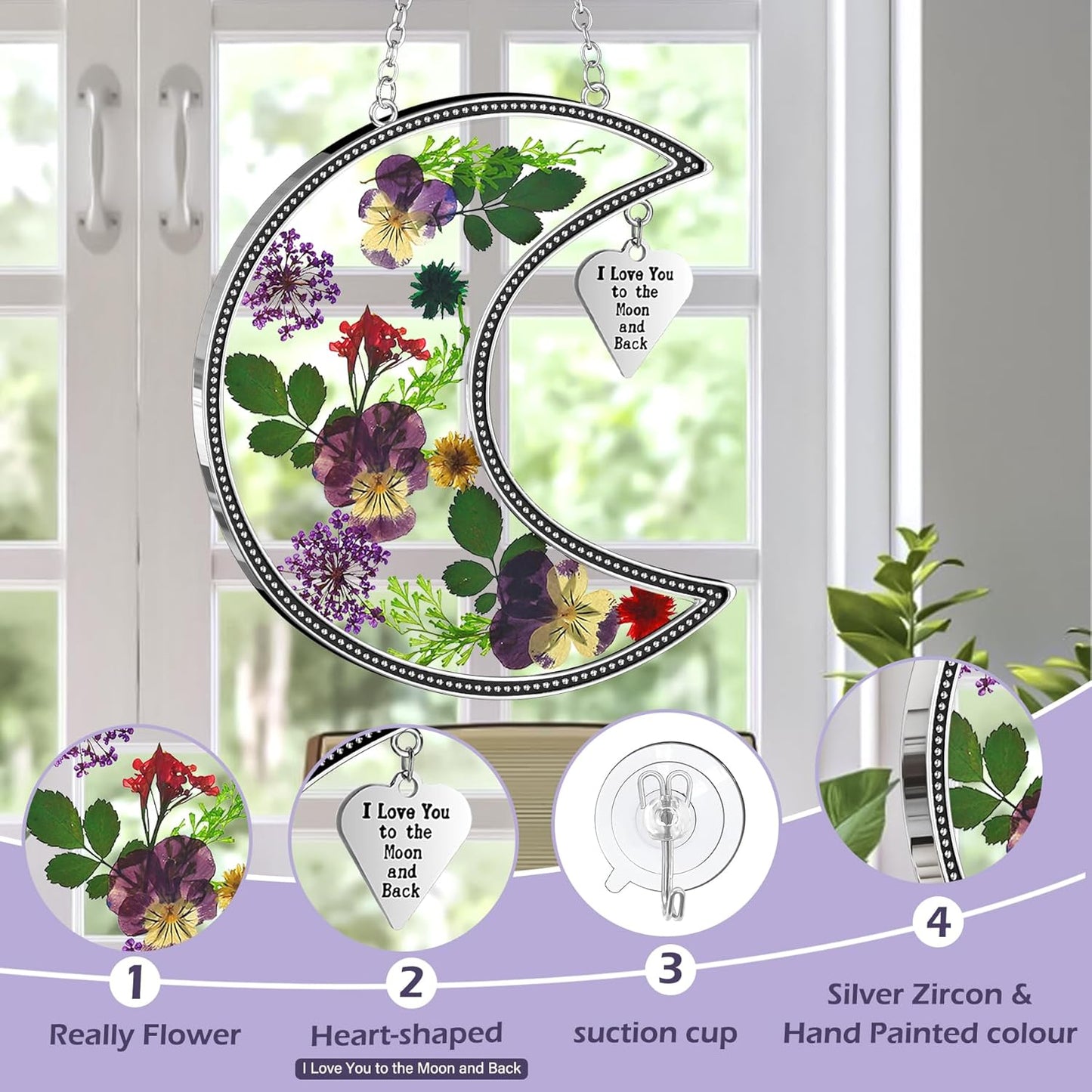KY&BOSAM Moon Suncatcher Stained Glass for Window Hangings Wind Chime Decor with Pressed Real Flower and Metal I Love You to The Moon and Back Charm Birthday Gift for Women Mom Mother`s Day Christmas