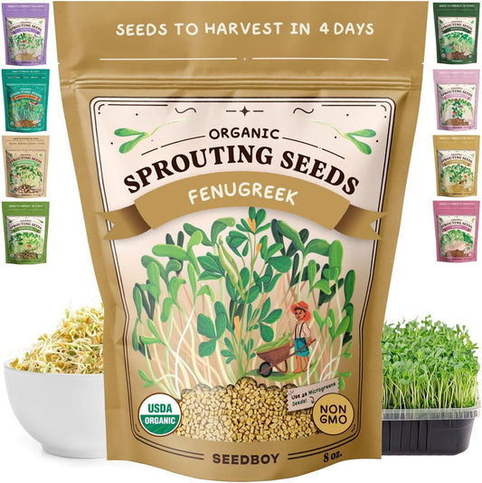 Seedboy Organic Non-GMO Fenugreek Seeds for Sprouting - Microgreens Sprouting Seeds - 8 oz Bag Makes 8 Quarts / 24 Servings (Fenugreek)