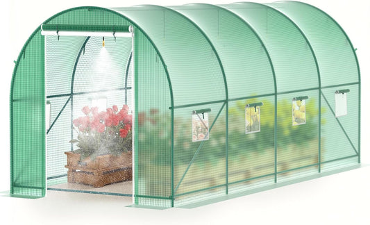 15x7x7 FT Walk-in Greenhouse for Outdoors w/ Watering System,8-Ventilated Screen Window Portable Greenhouse for Winter Plant Protection w/ 2-Zipper Door,PE Cover & Heavy Duty Frame