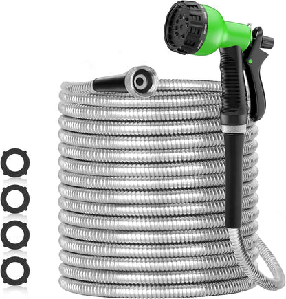 SPECILITE 75ft 304 Stainless Steel Garden Hose Metal, Heavy Duty Water Pipe with Nozzles for Yard, Outdoor - Flexible, Never Kink & Tangle, Puncture Resistant (Sliver)