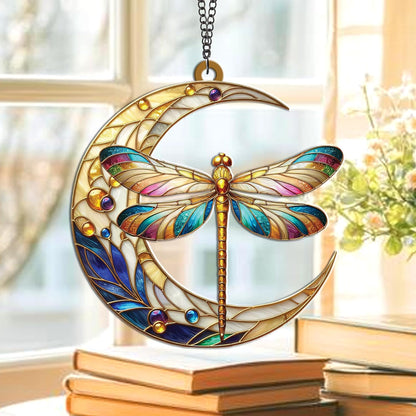 Dragonfly Moon Christmas Suncatcher – Acrylic Dragonflies Ornaments for Christmas Tree Decoration, SunCatcher Hanging Decor for Home Garden, Nature Insect Gift, Boho Dragonfly Decor for Women (Sun-24)