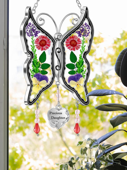 KY&BOSAM Butterfly Suncatcher Precious Daughter Stained Glass Sun Catchers Hangings for Windows Wind Chime Ornament with Real Flower Wings and Metal Charm Birthday Gifts for Mother`s Day Valentine's