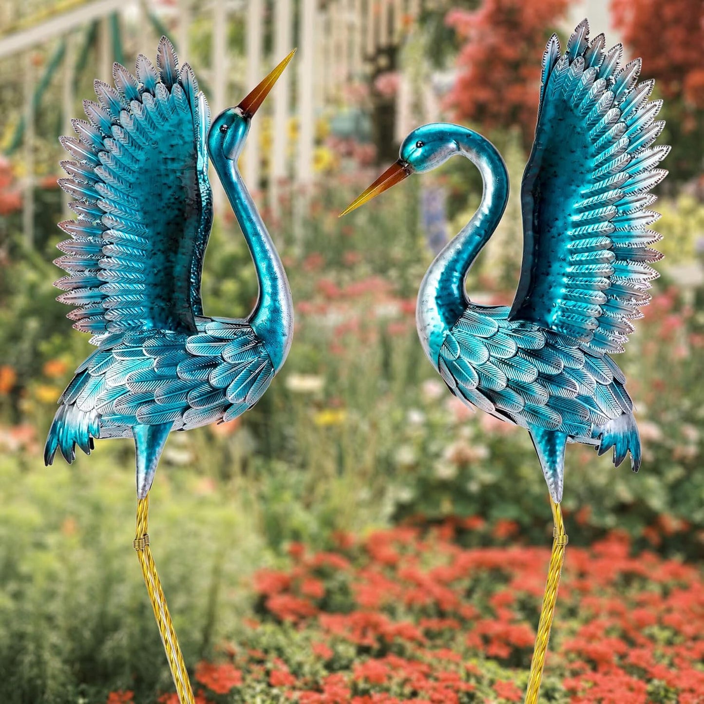 Natelf Garden Crane Statues for Outdoor, Blue Heron Decoy Courtyard Sculptures, Standing Metal Bird Yard Art for Patio Pond Backyard Decor(Set of 2)