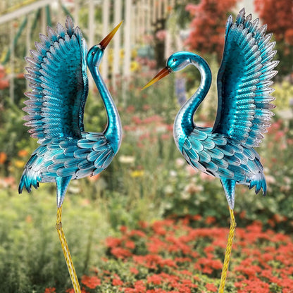 Natelf Garden Crane Statues for Outdoor, Blue Heron Decoy Courtyard Sculptures, Standing Metal Bird Yard Art for Patio Pond Backyard Decor(Set of 2)