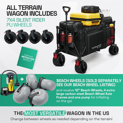 Foldable Beach Wagon Cart- Interchangeable All Terrain Wheels- 12" Beach Wheels Optional- Patent Pending- Gardening, Fishing, Shopping-Built-in Insulated Cooler Pouch, More Storage Pockets, Cupholders