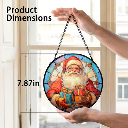 TNUW Christmas Stained Glass Window Hanging, Retro Winter Xmas Santa Claus Sun Catchers Indoor Window Glass Round Wall Art Decor, Christmas Wall Hanging Decorations, 7.9＂x7.9＂