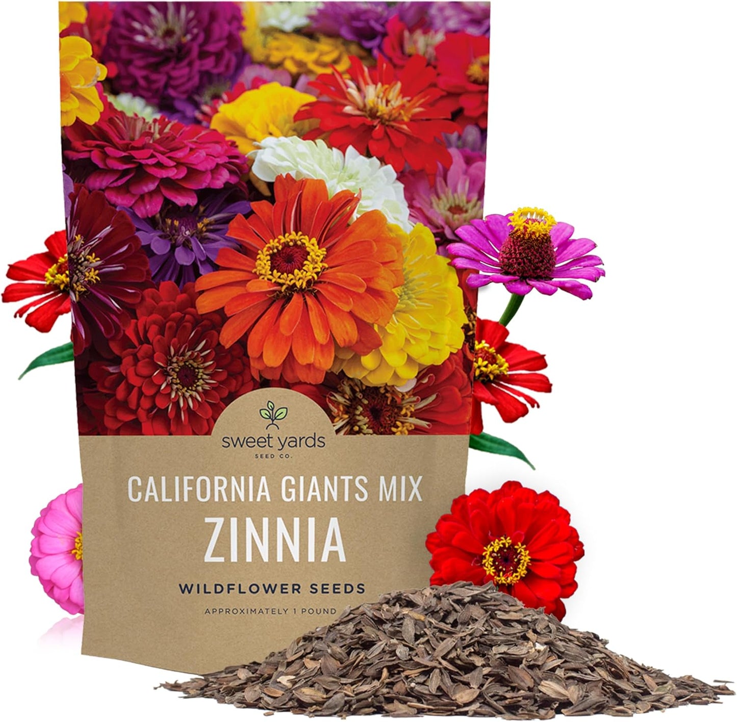 Bulk Zinnia Seeds - California Giants Mix - 1 Pound Bag Over 48,000 Flower Seeds - Mixed Colors and Large Blooms