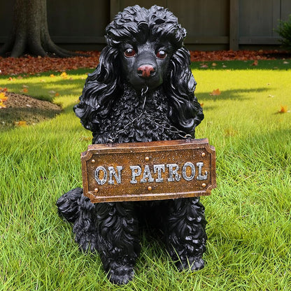 Porch Greeter Dog Statue with Flip-Over “Welcome/ON Patrol” Hanging Plaque and Solar Walkway Lantern, Black Sitting Poodle Yard Accent