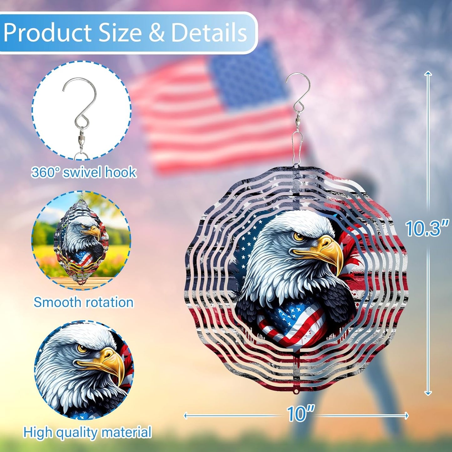 3D American Flag Eagle Wind Spinner 10 Inch Stainless Steel Kinetic Art Patriotic Hanging Decoration for Indoor and Outdoor Spaces