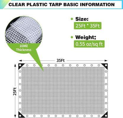 25Ft x 35Ft Clear Greenhouse Plastic Covering, 16Mil Thickness Heavy Duty Clear tarp for Chicken coop, Greenhouse Plastic sheeting with Hemmed Edges & preinstalled Grommets.