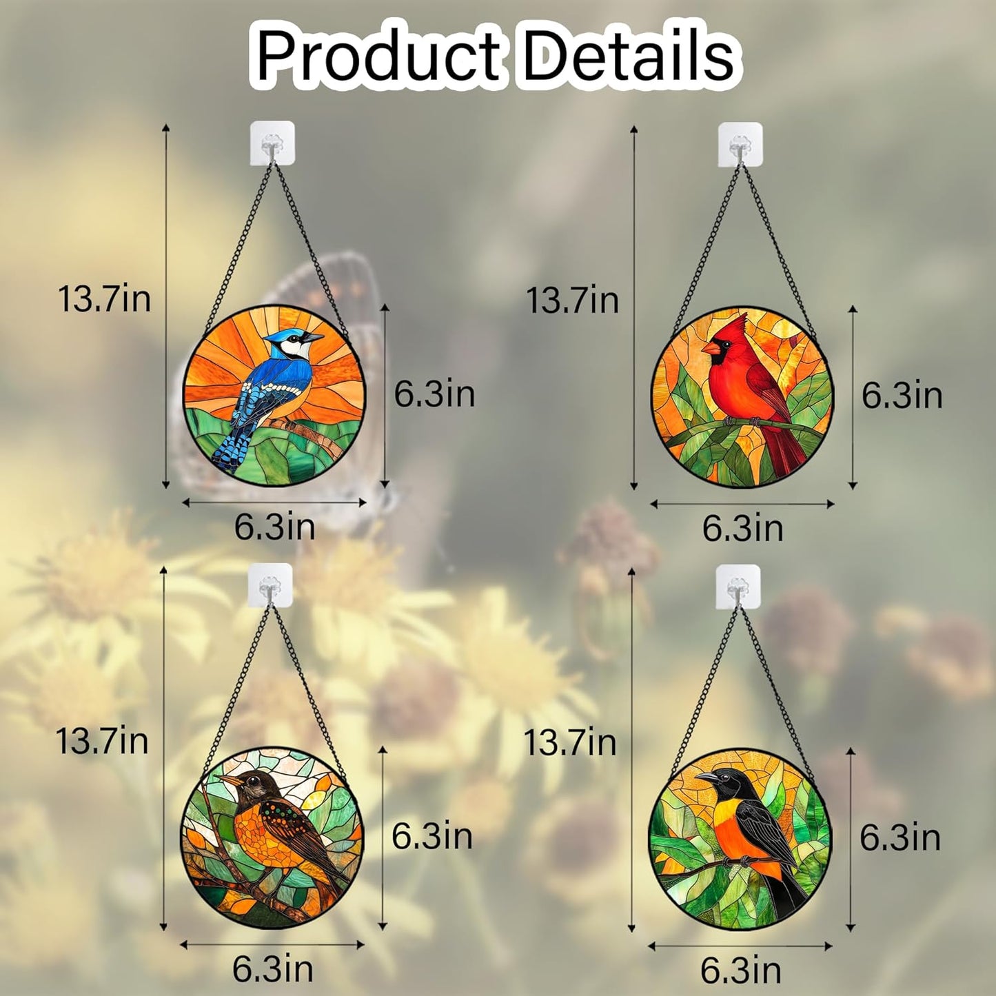 Stained Glass Window Hanging 4 Pcs Set Birds 6.3" - Cardinal Blue Jay Suncatcher Door Garden Sun Catcher Decor Birthday Christmas for Bird Lovers Mom Woman Nana Men