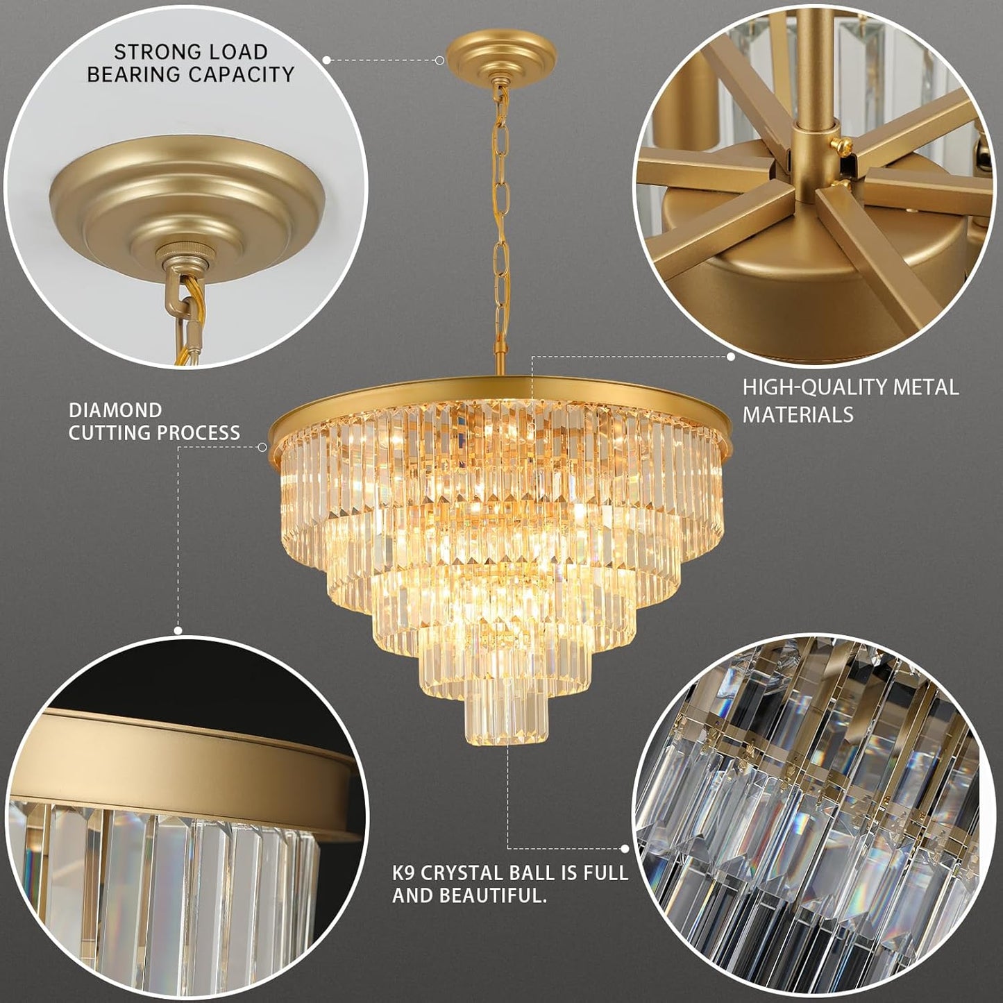 Crystal Chandeliers for Dining Room Lights Fixture Over Table, 20 Lights Gold Modern Chandeliers for Living Room, 5-Tier Round Crystal Lighting Fixtures for Bedroom Entryway Kitchen Island D30 Inch