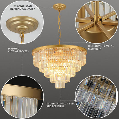 Crystal Chandeliers for Dining Room Lights Fixture Over Table, 20 Lights Gold Modern Chandeliers for Living Room, 5-Tier Round Crystal Lighting Fixtures for Bedroom Entryway Kitchen Island D30 Inch