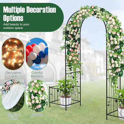Happygrill Garden Arbor, 86" Metal Archway Pergola w/2 Side Planters, 8 Ground Stakes, Sturdy Metal Frame, Outdoor Arch Trellis for Climbing Plants, Wedding Ceremony, Garden Decoration
