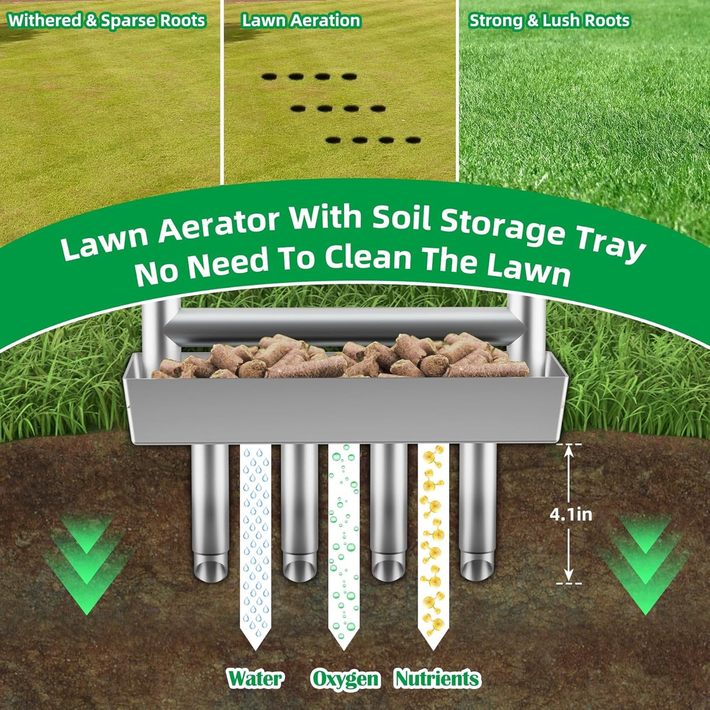 Lawn Aerator Coring Tool with Soil Core Storage Tray,4 Tine Stainless Steel Manual Garden Plug Aerator for Yard Grass,Lawn Coring Aeration for Soil Aeration,Lawn Care Cleaning,Compacted Soil(Silver)