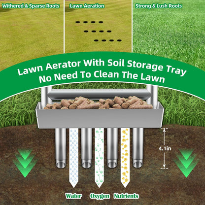 Lawn Aerator Coring Tool with Soil Core Storage Tray,4 Tine Stainless Steel Manual Garden Plug Aerator for Yard Grass,Lawn Coring Aeration for Soil Aeration,Lawn Care Cleaning,Compacted Soil(Silver)
