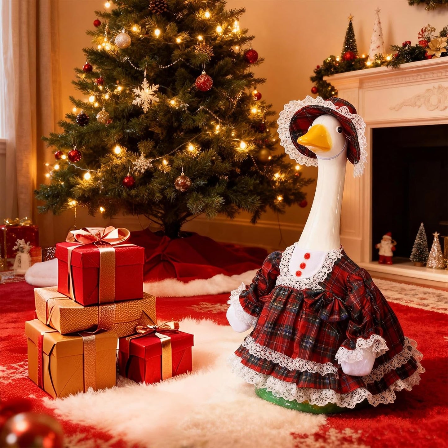 Soulchen 1 Set Christmas Plaid Porch Goose Outfit 23 Inch Xmas Cement Goose Clothes Dress and Hat Costume Set for Holiday Lawn Garden Yard Decor