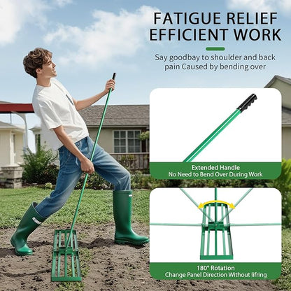 VINGLI Iron Lawn Leveling Rake 36in for Soil Sand Composs, Extended Handle, 180°Rotation Head, with All Handwares, for Yard Garden Golf Field, Green (36in)