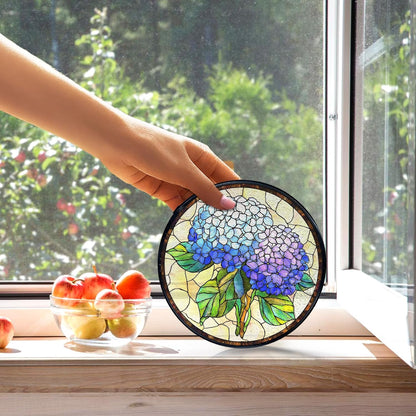 kdqua Hydrangea Flower Suncatcher Stained Glass Window Hanging, Blue Hydrangea Sun Catchers Indoor Window Glass Round Wall Decor, Floral Wall Art Hanging Decorations Statues, 7.9x7.9in
