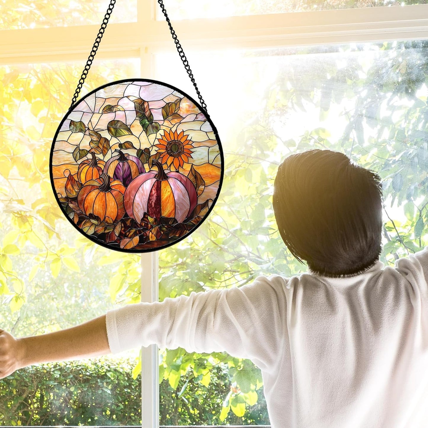 Stained Glass Window Hanging, Pumpkin Sunflower Suncatcher Diamond Glass Panel Sun Catchers Decor for Birthday for Women, Men, Wife, Aunt, and Mom 14.9x14.9 in