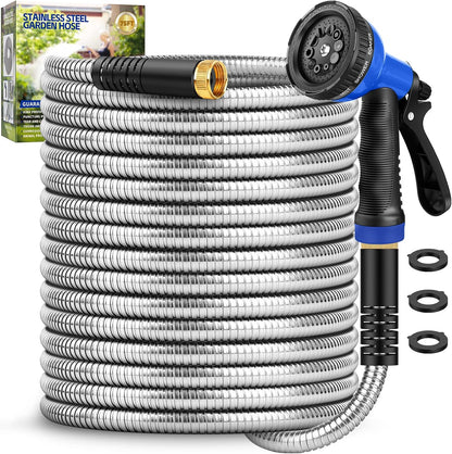 Garden Hose 75 ft, Stainless Steel Metal Water Hose with Adjustable 10-Mode Spray Nozzle, Lightweight Hose, No Kink, Leak-proof, Puncture Resistant for Yard, Outhood, RV