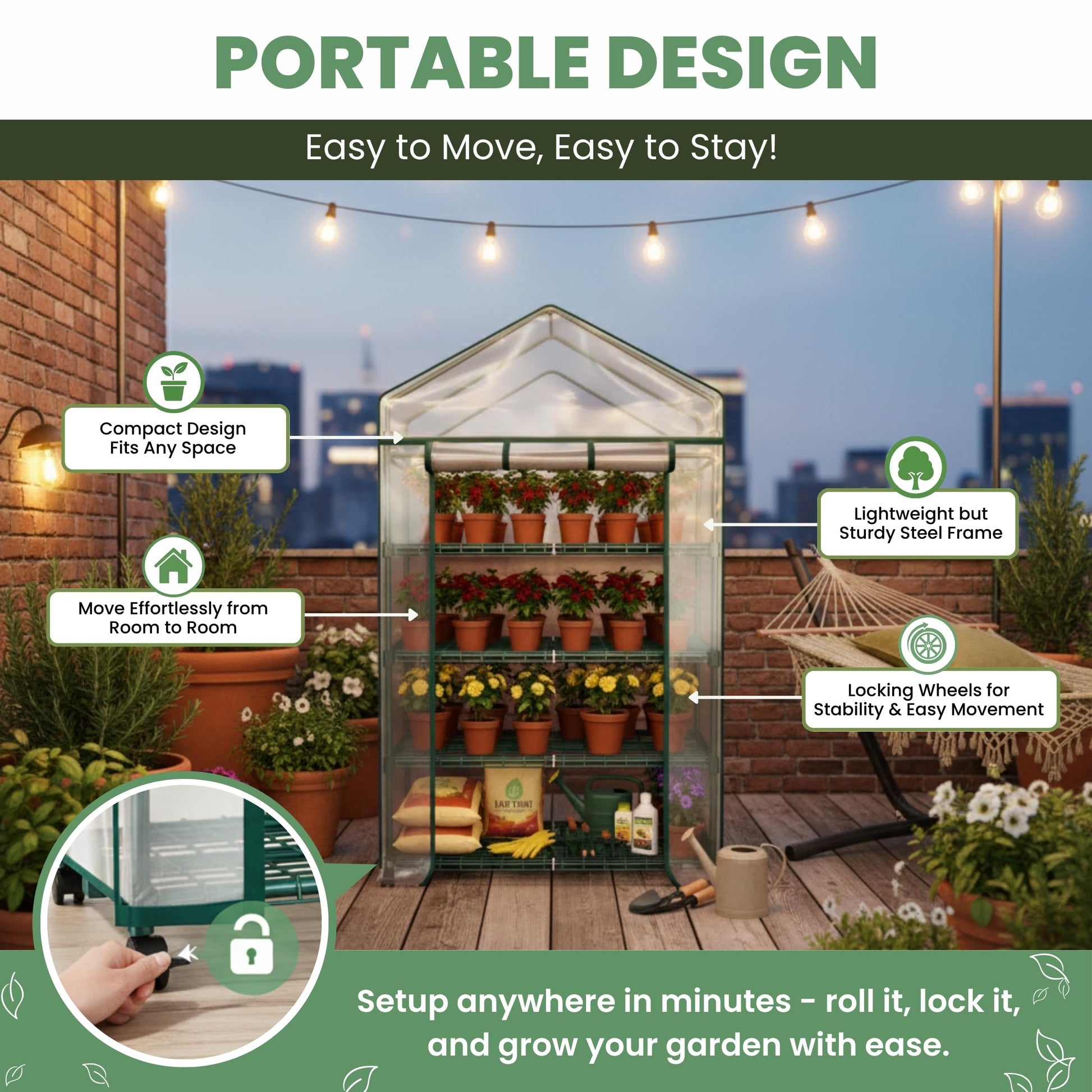 4 Tier Mini Greenhouse - Portable Greenhouse with Locking Wheels and PVC Cover for Indoor or
