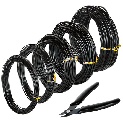 CertBuy 5 Roll Bonsai Wire 5 Size - 1.0MM, 1.5MM, 2.0MM, 2.5MM, 3.0MM Black Anodized Aluminum Bonsai Training Wire 160 Feet Total Length with Wire Cutter (Single roll Length 32 Feet)