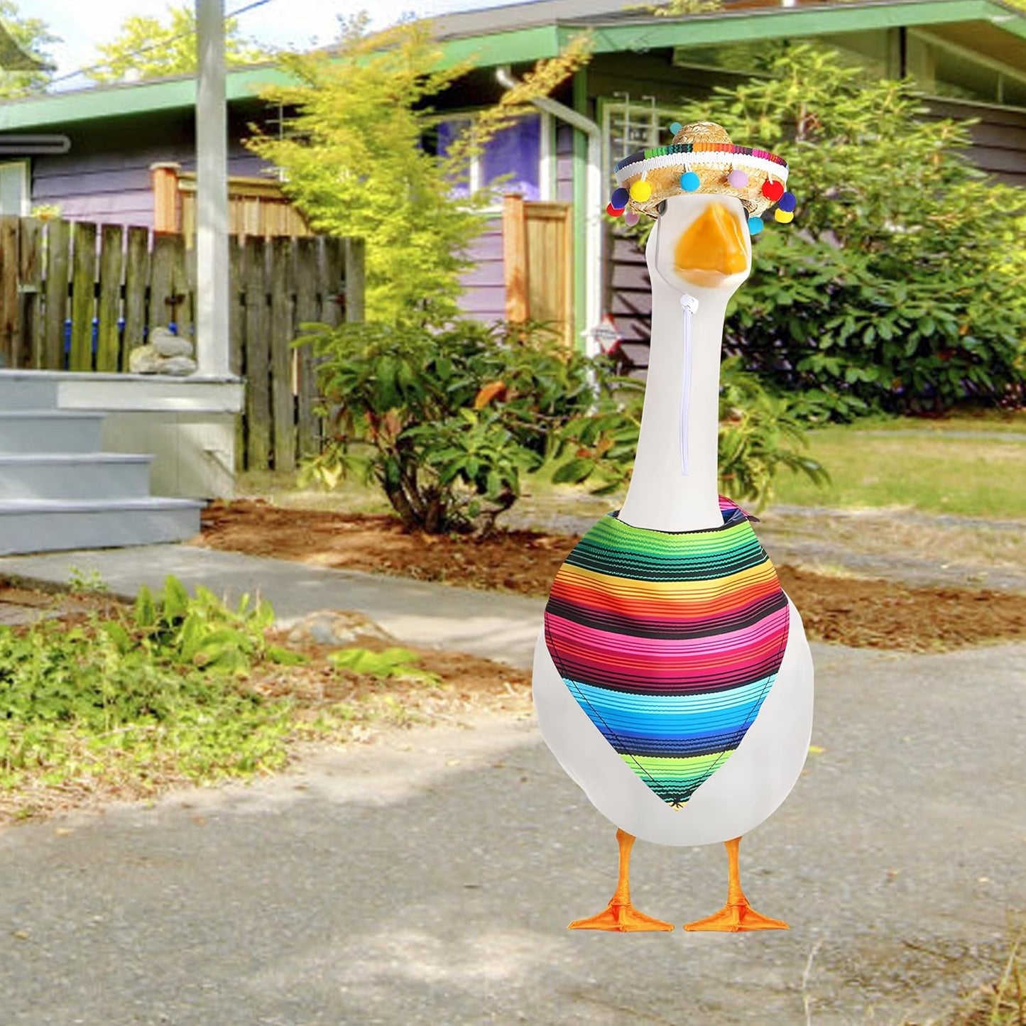 XIMEO Porch Goose Outfit for 17" & 23" Lawn Goose – Striped Poncho & Hat Clothes Set – Outdoor Porch Goose Decoration for Duck or Garden Statues