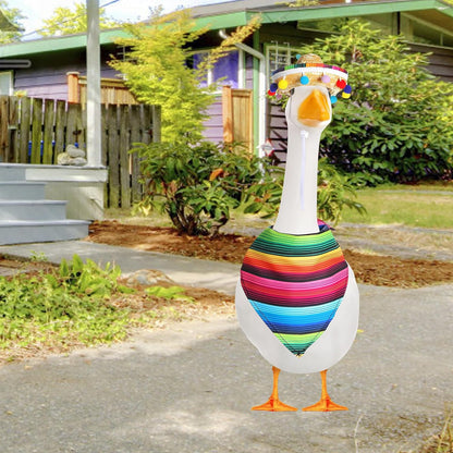 XIMEO Porch Goose Outfit for 17" & 23" Lawn Goose – Striped Poncho & Hat Clothes Set – Outdoor Porch Goose Decoration for Duck or Garden Statues
