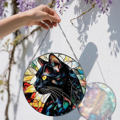 8″ Stained Glass Window Hanging Ornament, Black Cat Stained Glass Suncatcher Ornament, Sun-Catcher Window Decor | Gifts for Cat Lovers, Pet Lover Gift