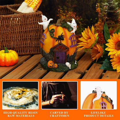 Topadorn Fall Pumpkin House Statue with LED， Pumpk Fall Decor for Home -Thanksgiving Indoor & Outdoor Party Decor, 7.09" H